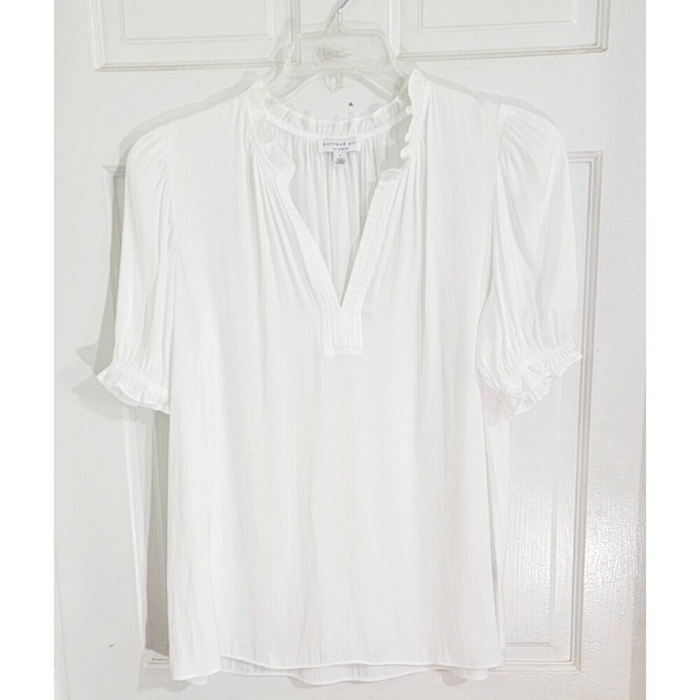 Current Air Womens White Elbow Sleeve Ruffled Trim Split Neck Blouse Size Large - Picture 4 of 7